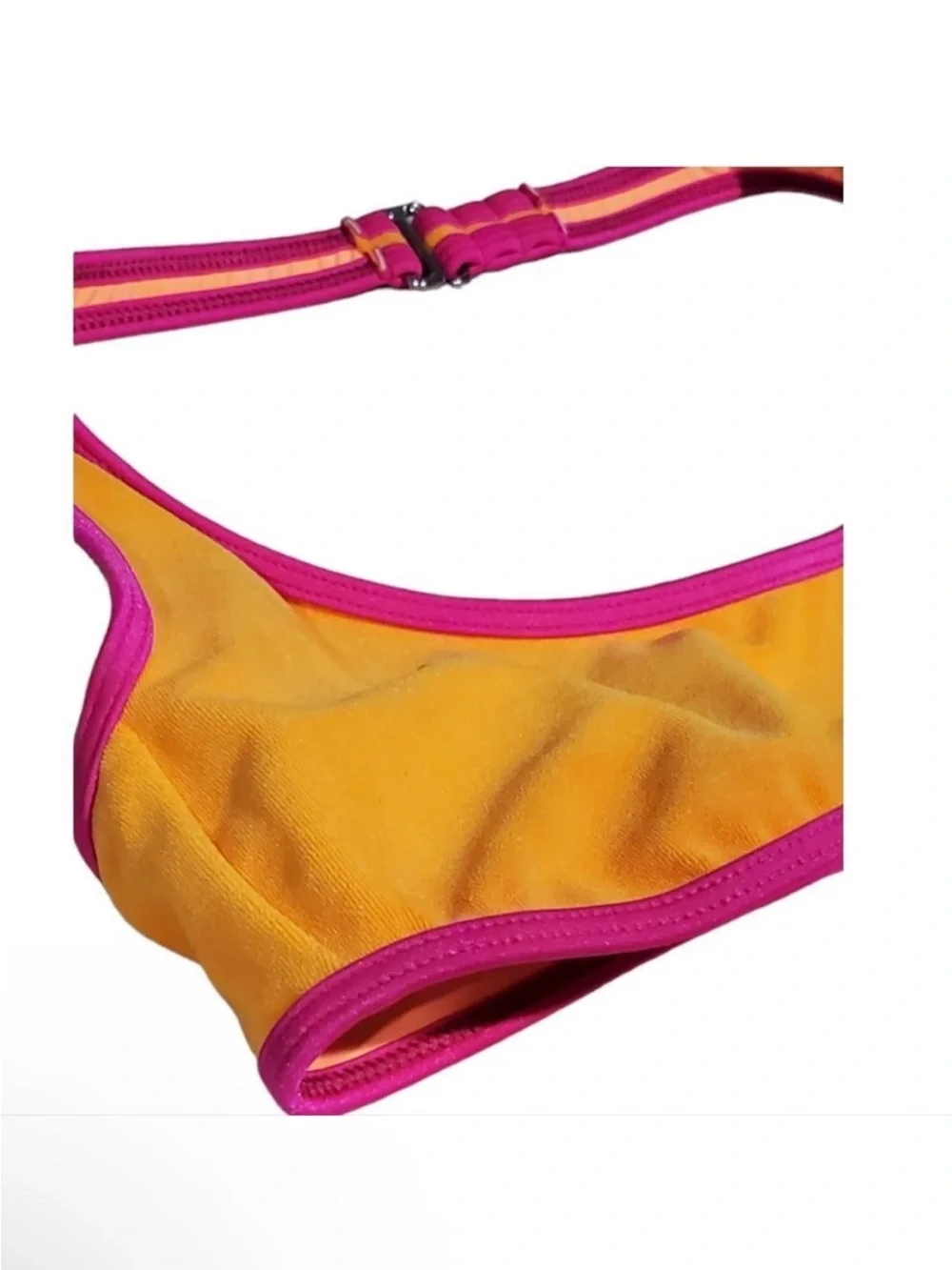 Frankie's Bikinis Yellow One-Piece with Pink Trim Cutout
